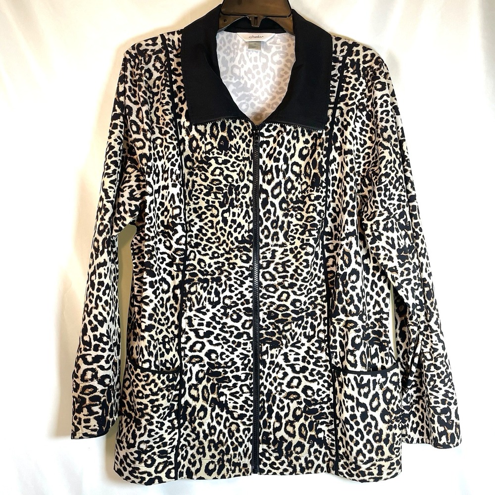 Cj Banks Womens Jacket 1X Long Sleeves Brown Black Leopard Zipper Pockets Collar